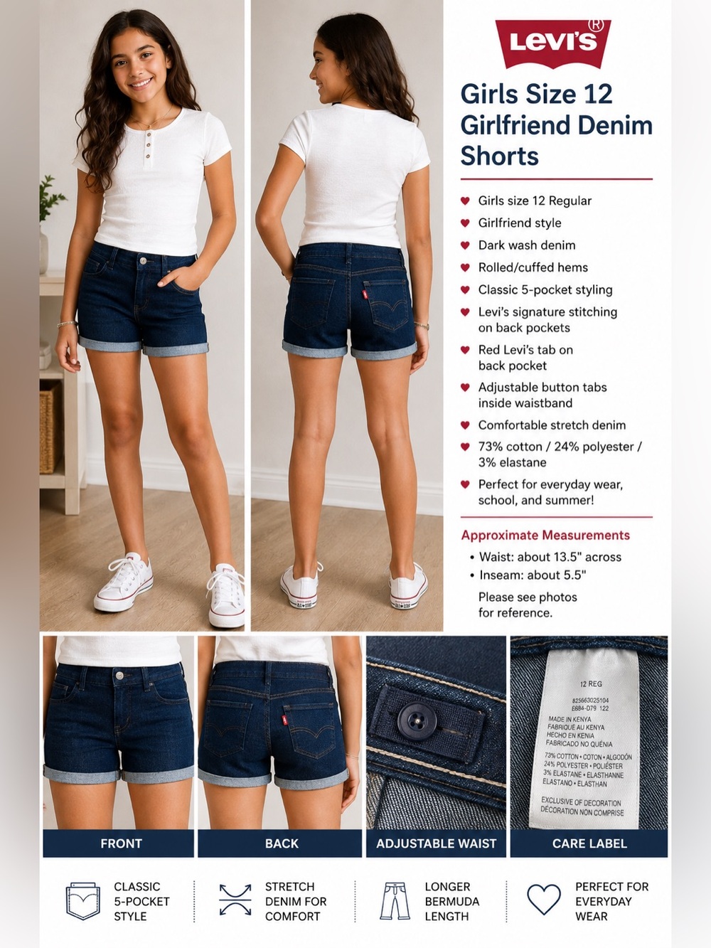 Levi’s Girls Size 12 Girlfriend Denim Bermuda Shorts Dark Wash Stretch